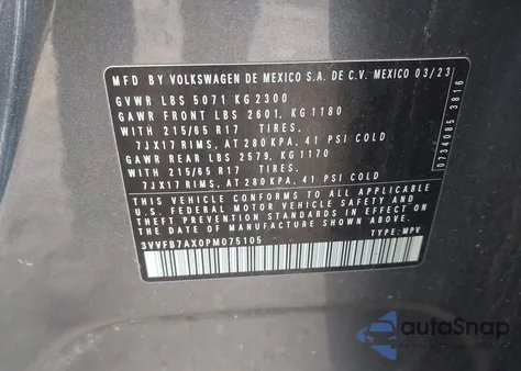 2023 Volkswagen Tiguan 2.0T S z USA, uszkodzony, nr VIN 3VVFB7AX0PM075105
